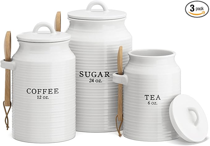 Barnyard Designs Canister Set for Kitchen Counter, Coffee Tea Sugar Container Ceramic Set, Decorative Canisters, Rustic Farmhouse Canister Jars, White (Coffee/Sugar/Tea)