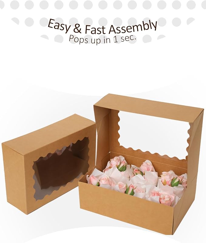qiqee Brown 6 Cupcake Boxes with Window 30 Auto pop up Packs Cupcake Box 9"x6.1"x3.3" Bakery Boxes For Cupcakes Carrier, Cupcake Containers