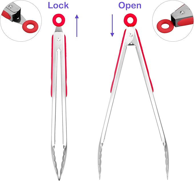 304 Stainless Steel Kitchen Cooking Tongs, 12" and 14" Set of 2 Sturdy Grilling Barbeque Brushed Locking Food Tongs with Ergonomic Grip, Red