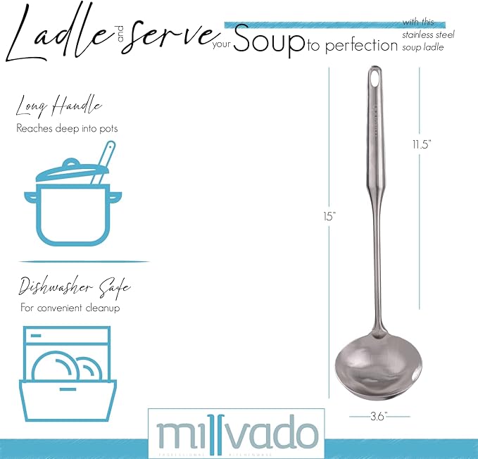 Soup Ladle, Stainless Steel Ladle, 15" Ladles for Serving or Cooking, Dishwasher Safe, Heavy Duty Durable Metal, Kitchen Ladel