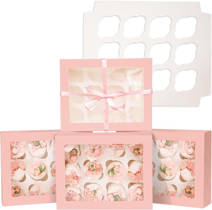 Bakepacker Auto-pop up 12 Cupcake Containers 6-Packs Pink Cupcakes Carrier, 12 Cupcake Boxes with Window 13"x10"x3.5"
