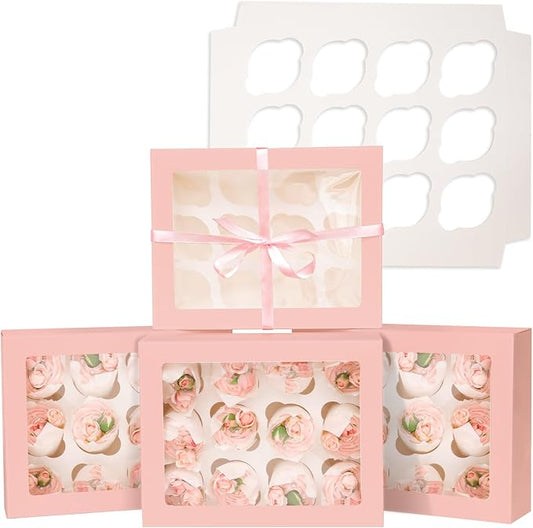 Bakepacker Auto-pop up 12 Cupcake Containers 6-Packs Pink Cupcakes Carrier, 12 Cupcake Boxes with Window 13"x10"x3.5"