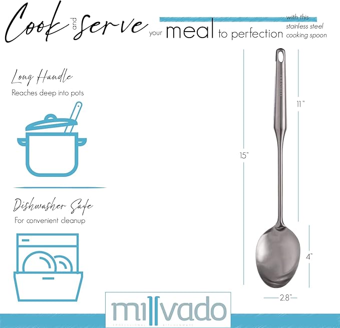 Stainless Steel Big Cooking Spoon, Kitchen Utensils and Gadgets, 15 Inch Large Spoon For for Cooking, Basting, Serving, Dishwasher Safe Metal Utensil, Durable, Solid Construction