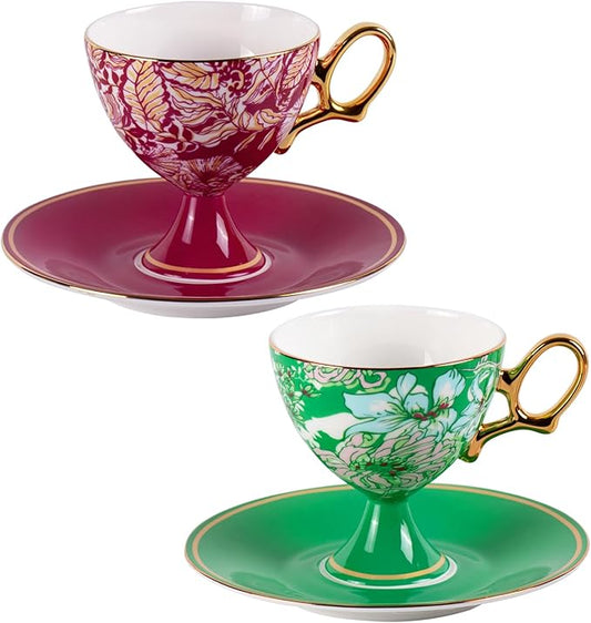 KAMMAK Ceramic Coffee Cups and Saucers Set of 2, Porcelain Espresso Cups with Saucers, 7.7oz Handcrafted Floral Vintage Petite Stem Tea Cups Drinkware Set for Party, Holiday Gifting, Home Decor, Gift