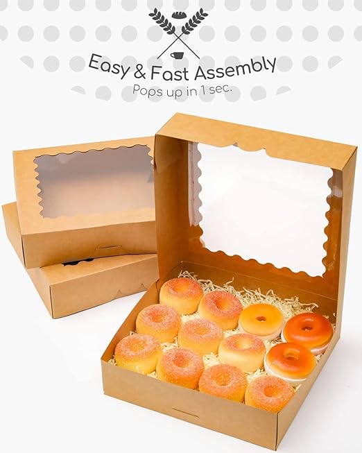 qiqee Auto-pop Up Brown Pie Boxes with Window 10x10x2.5 inch 20Packs Cookie Donut Bakery Box