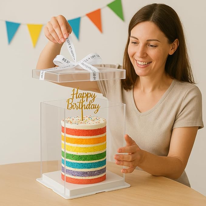 Sweet Degrees Clear Plastic Cake Box 13"x13"x19.5" | Ribbon Included |Tall Square Cake Carrier with Lid | Reusable Display Container for Tiered Cakes | Ideal for Weddings, Events, and Bakeries