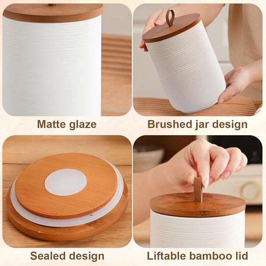 Comeon Ceramics Canister with Lid, Matcha Container Jar for Spice Sugar Tea Bag Coffee Canister Sets for Kitchen Counter with Bamboo Lid (White three-piece suit)