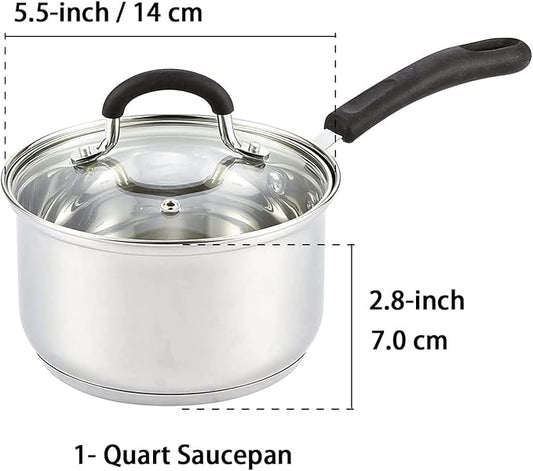 Cook N Home Saucepan Sauce Pot with Lid 1 Quart Stainless Steel , Stay Cool Handle, silver