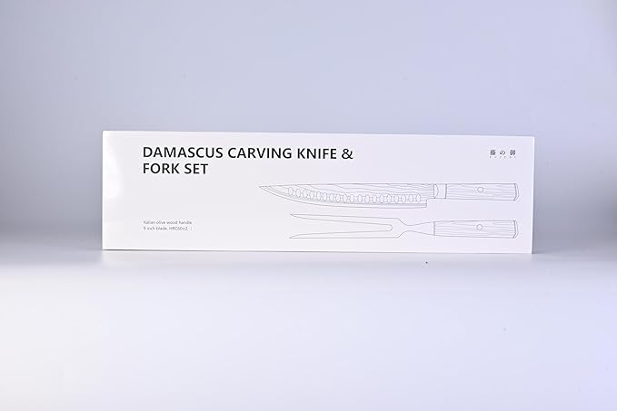Carving Knife and Fork Set for Meat Turkey - Set of 2 with 9 inch Damascus Slicing Carving Knife and 6 inch Fork - Damascus VG10 Steel 67-Layer - Natural Olive Wood Handle- Exquisite Box