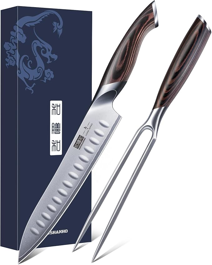 8 Inch Carving Knife & 7 Inch Fork Set, Professional Japanese High Carbon Steel Razor Sharp Butcher Brisket Slicing Knife Set for Meat Cutting, BBQ