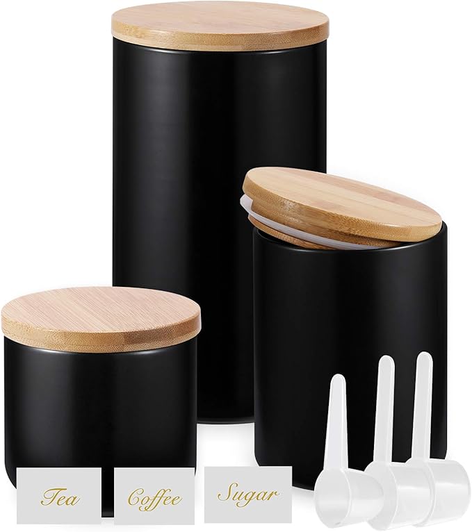 Yangbaga Black Ceramic Canister Set for Kitchen-Set of 3 Kitchen Canisters for Countertop with Airtight Wood,Large Kitchen Storage for Flour,Suger,Coffee-Modern Countertop Decor