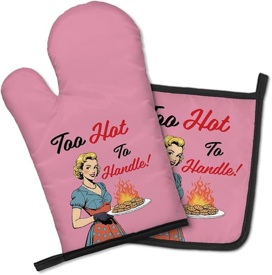 Too Hot to Handle Oven Mitts and Pot Holders Set, Retro Kitchen Gadgets, Cookie Lovers, Suit for New Female Chefs, Gifts for Baking Dessert Lovers of Women, Birthday Gifts for Housewives