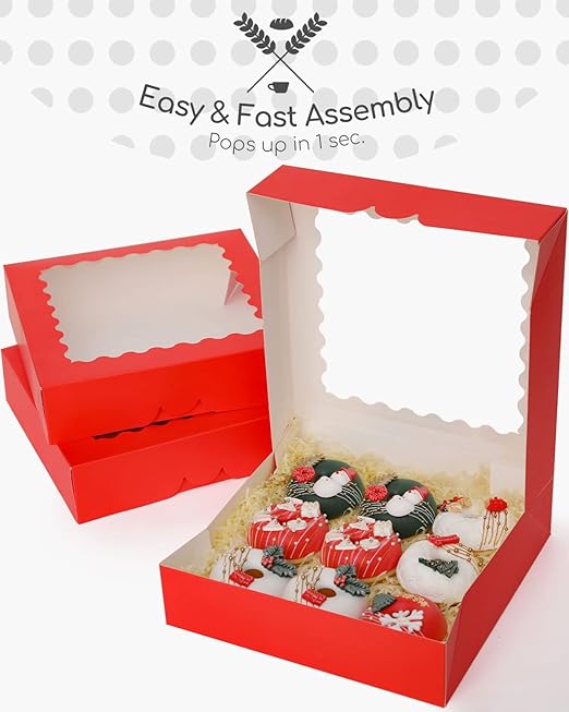 qiqee Auto-pop up Red Pie Boxes with Window 10x10x2.5 inch 30Packs Cookie Donut Bakery Box