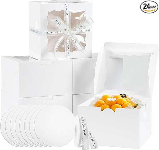 48PCS 9x9x5 Inches Cake Boxes with Window, White Bakery Dessert Boxes, Cajas Pasteles for Cake, Cake Carrier Container for Valentine's Day, Mother's Day, Birthday, Wedding, Party (9*9*5inch/24pcs)