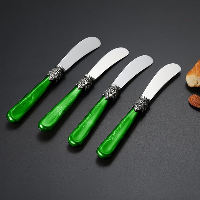 REVERIE Collection 4-piece Stainless Steel Butter Spreader Cheese Knife, Giftable Butter Knives set, Bread Knife set (Green)