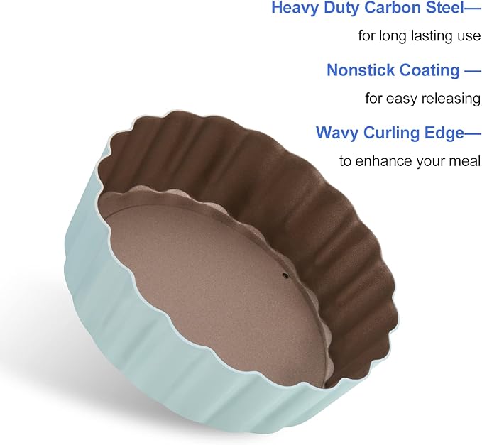 Mini Round Tart Pan with Removable Bottom, Nonstick Mini Pie Pans for Baking, Carbon Steel Quiche Pan Set for Cupcake Muffin Cakes and Desserts, Including 6 Tart Pan and 1 Tart Tamper (Green)
