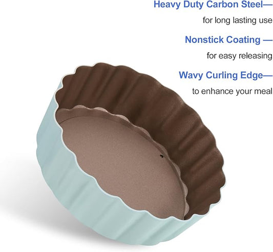 Mini Round Tart Pan with Removable Bottom, Nonstick Mini Pie Pans for Baking, Carbon Steel Quiche Pan Set for Cupcake Muffin Cakes and Desserts, Including 6 Tart Pan and 1 Tart Tamper (Green)