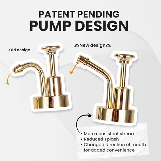 Molimoli Syrup Dispenser for Coffee Bars, Glass Syrup Bottle w. Pump, 16.9 oz 500 ml, Set of 2, Gold Upgraded Dispenser