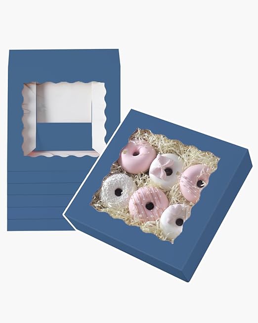 qiqee Auto-pop Up Blackish Blue Pie Boxes with Window 10x10x2.5 inch 30Packs Cookie Donut Bakery Box
