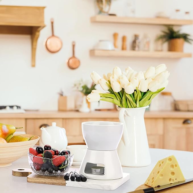 400ML Ceramic Butter Warmer Set with 4 Forks, Fondue Pot Melting Pot Set, Melt Hot Pot Bowl Set For Cheese Chocolate Butter Caramel