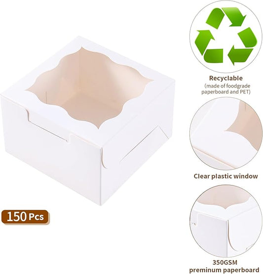 150pcs White Small Cake Box,4x4x2.5 Inch Bakery Boxes with Window,gift boxes bulk for Mini Cake Pastry Dessert Strawberries Chocolates Cupcakes with Stickers