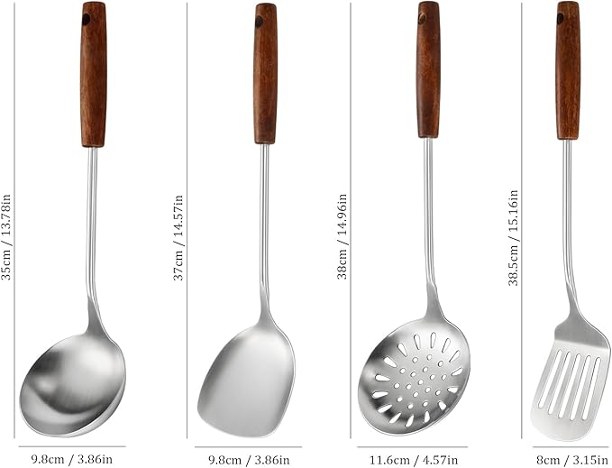304 Stainless Steel Kitchen Utensils Set, 4 Pcs Long Cooking Utensils Set with Wooden Handle, Large Heat Resistant Kitchen Tools(Dishwasher Safe)