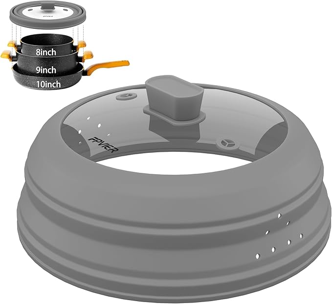 Microwave Splatter Cover, Vented Silicone and Glass Cover Splatter Guard Lid, Food Collapsible Plate Cover Lid with Easy Grip Handle. (Gray, 10.8 inch)