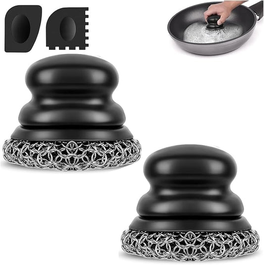 Onewly Cast Iron Scrubber (2 × Black Coarse Mesh) and and Scraper, Chain Mail Scrubber for Cleaning Stock Pots, Pans, Griddles, Grills, Cast Iron Skillets, Dish Scouring Pads