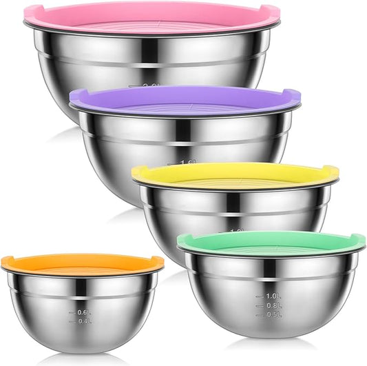 Mixing Bowls with Lids Set - 5 PCS Stainless Steel Mixing Bowls - Mixing Bowl Set with Lids for Kitchen, Size 4.4, 3.6, 2.7, 2.1,1.5QT, Ideal for Baking, Prepping, Cooking and Serving Food
