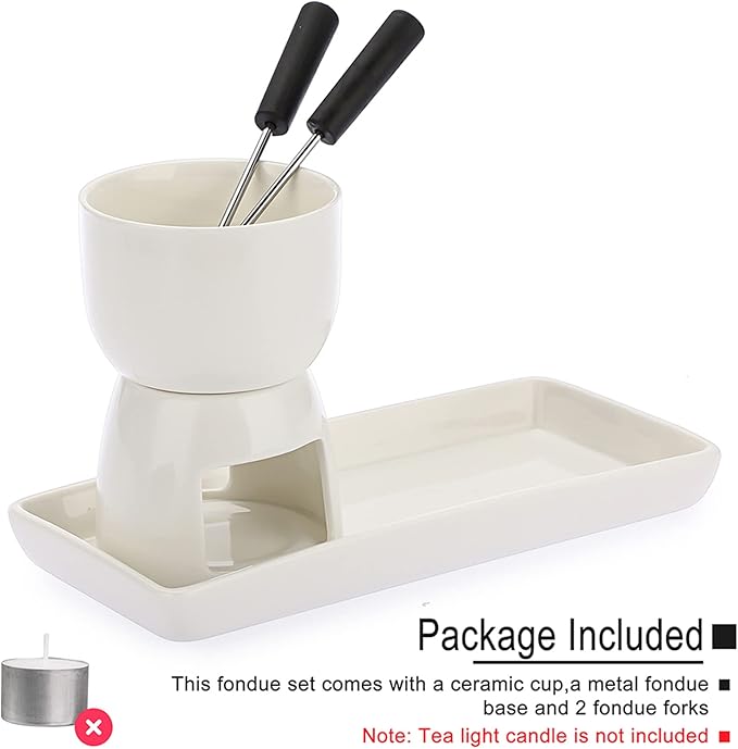 150ML Ceramic Butter Warmer Set with Ceramic Rectangle Dish, Mini Fondue Pot Melting Pot Set, Melt Hot Pot Bowl Set For Cheese Chocolate Butter Caramel, with 2 Forks