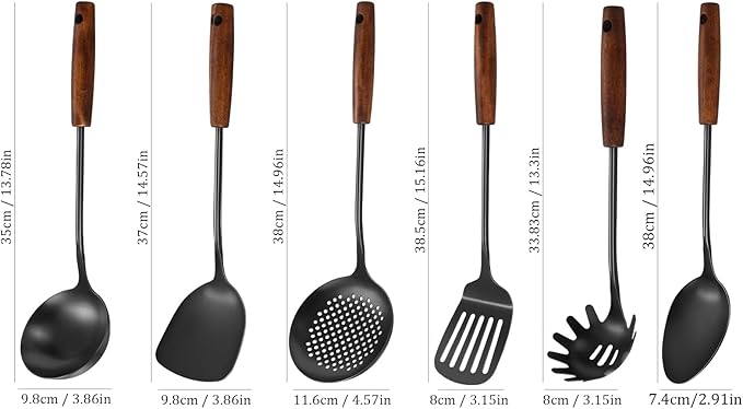 304 Stainless Steel Kitchen Utensils Set, 6 Pcs Long Cooking Utensils Set with Wooden Handle, Large Heat Resistant Kitchen Tools(Black, Dishwasher Safe)