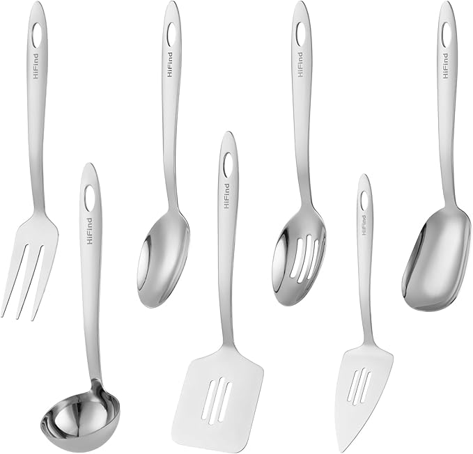 Stainless Steel Serving Utensils Set, 7Pcs Small Kitchen Utensils Set, Small Utensils for Serving, Ladle, Slotted Spatula, Meat Fork, Slotted Spoon, Cake Server, Solid Spoon, Square Spoon