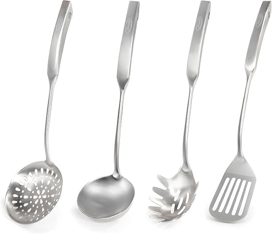 Newness 4 Pcs Cooking Utensils Set, 304 Stainless Steel Kitchen Utensils Set, Metal Kitchen Accessories, Include Soup Ladle, Slotted Skimmer Spoon, Spaghetti Spoon and Spatula, Dishwasher Safe