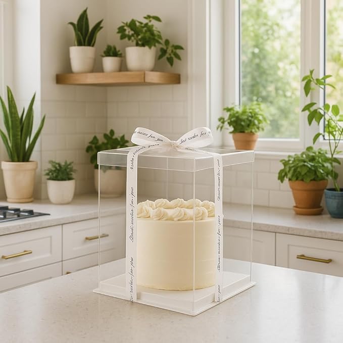 Sweet Degrees Clear Plastic Cake Boxes 13"x13"x14" – 2 Pack | Ribbon Included | Extra-Tall Cake Carriers with Clear Lids | Reusable Storage Containers for Tiered Cakes, Events & Bakery Display