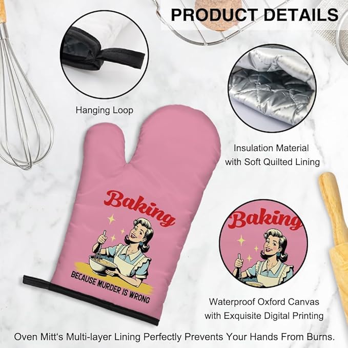 Baking Because Murder is Wrong Funny Oven Mitts and Pot Holders Set, Vintage Baking Kitchen Gadgets, Sarcastic Baking Gifts for Women Chef Hostess Mom Sister BFF Baking Lovers