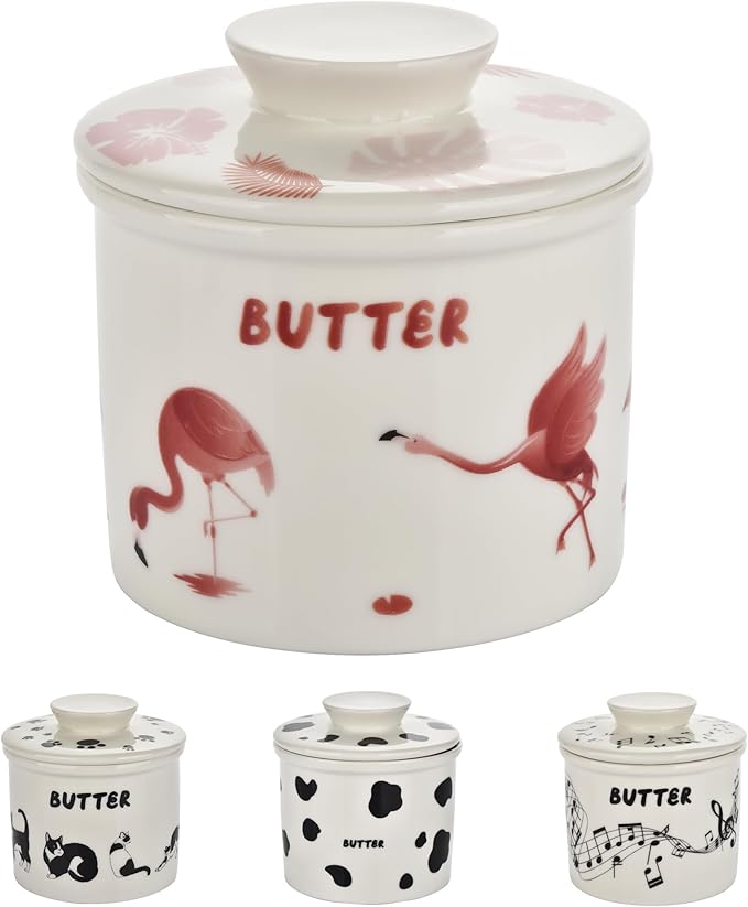 Cute Pink Flamingos Butter Crock for Counter - French Style Ceramic Butter Keeper and Butter Dish with Lid, Butter Holder for Countertop Storage, Airtight Container for Soft, Spreadable Butter