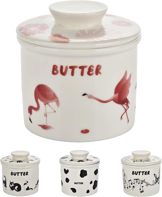 Cute Pink Flamingos Butter Crock for Counter - French Style Ceramic Butter Keeper and Butter Dish with Lid, Butter Holder for Countertop Storage, Airtight Container for Soft, Spreadable Butter