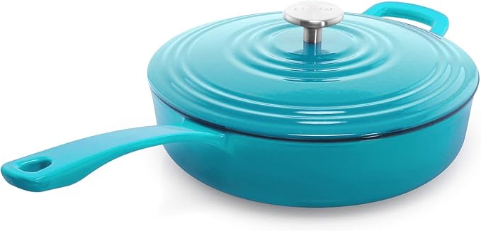Chantal Cast Iron Skillet Sauté Pan with Lid, 4 qt, US Formulated Premium Enamel, Sea Blue