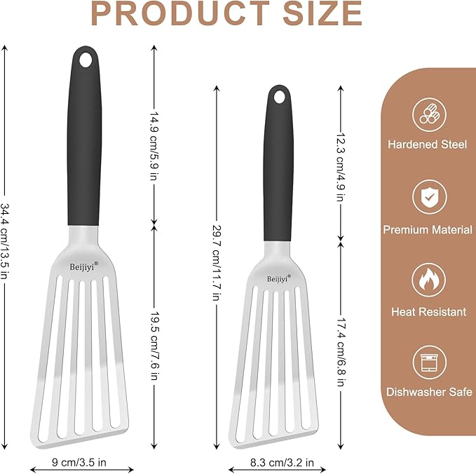 Beijiyi Stainless Steel Fish Spatula Set of 2, 13.5" & 11.7" Slotted Turner with Silicone Handle, Curved Blade, Metal Spatulas for Kitchen Use, Cooking Utensils for Flipping Fish, Burger and Grilling