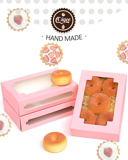 qiqee 50Packs Auto-pop Pink Cookie Boxes for Gift Giving 8x5.3x2 inch One Second Folding Pink Bakery Box with Window Treat Box for Donuts Candies and Biscuit