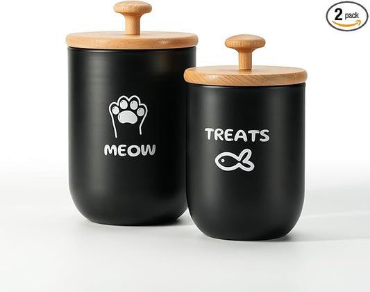 Cat Treat Container with Airtight Lid, Cat Food Oganizer Dry Food, Cat Food Storage Containers, Pet Treats Canister, Cat Treat Jar Set of 2-8.3x4.9 & 7.1x4.3 (Black)