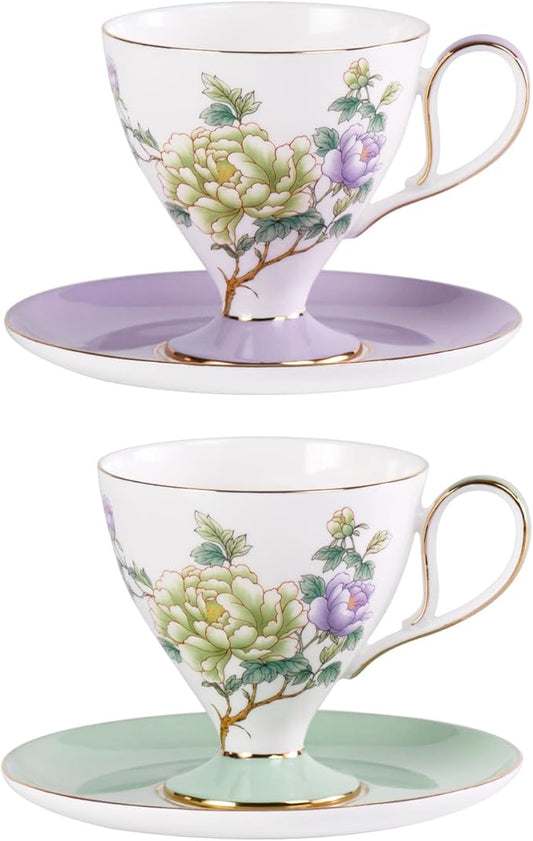 KAMMAK Ceramic Tea Cup and Saucer Set with Gold Trim, 240ml Floral Pattern Elegant Bone China Coffee Cup Set with Purple & Mint Green Saucers for Afternoon Tea, Gift for Women