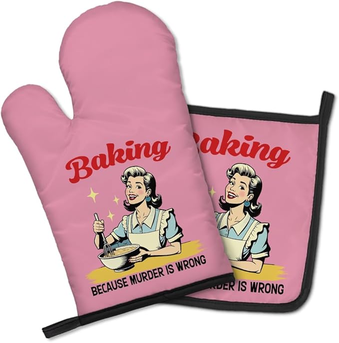 Baking Because Murder is Wrong Funny Oven Mitts and Pot Holders Set, Vintage Baking Kitchen Gadgets, Sarcastic Baking Gifts for Women Chef Hostess Mom Sister BFF Baking Lovers