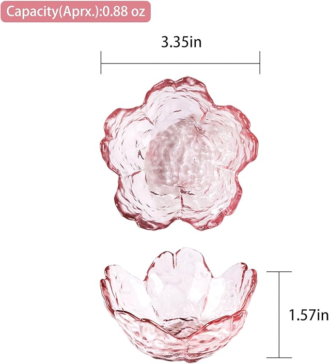 WHJY 5 pack Cute Sauce Dishes Glass Dish Set for Soy Sauce Snacks Tea Bag Mini Glass Bowls Clear Pink Cherry Blossom Soy Sauce Dishes