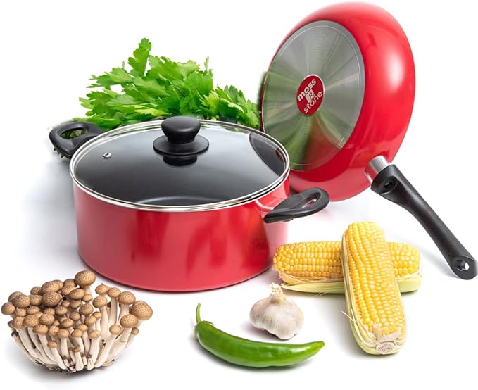 Moss & Stone 3 Peice Pots & Pans Set Nonstick Cookware Set, Aluminum Pots and Pans, Red Pots and Pans Set with Glass Lid, Dishwasher Safe, Cooking Set