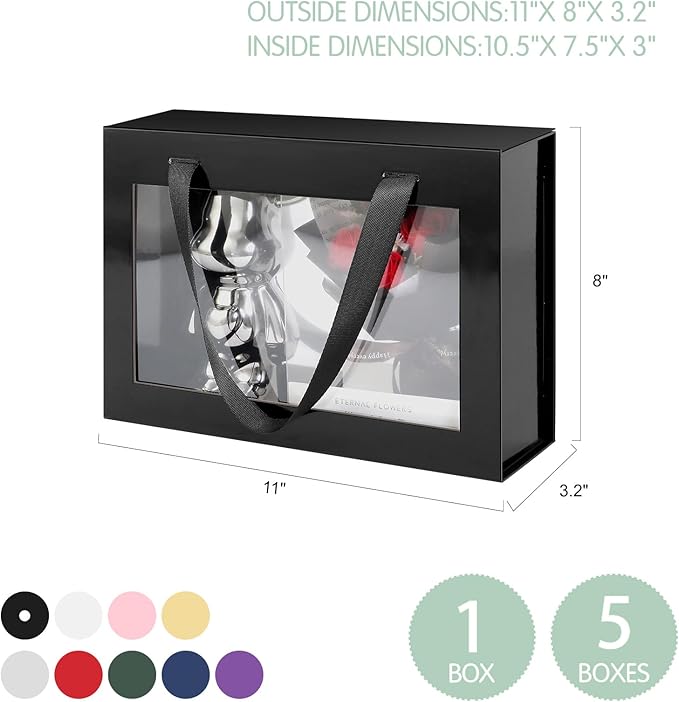 Black Gift Box with Window, Gift Box with Lid and Handle, Clear Magnetic Gift Box for Present, Groomsman Proposal Box (10.5x7.5x3 Inches