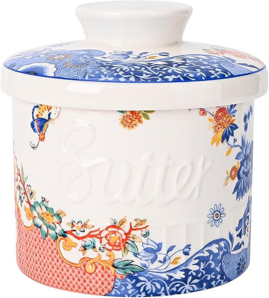 Butter Crock with Water Line, Ceramic Butter Keeper for Counter, French Butter Dish with Lid for Spreadable Fresh Butter (Orange and Blue Lotus)