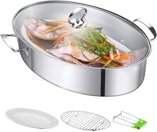 Stainless Steel Fish Steamer, Fish Steamer for Cooking Multi-Use Oval Pasta Pot/Braiser with Rack, Ceramic Pan, Chuck, Stockpot for Steaming Fish, Boiling Soup