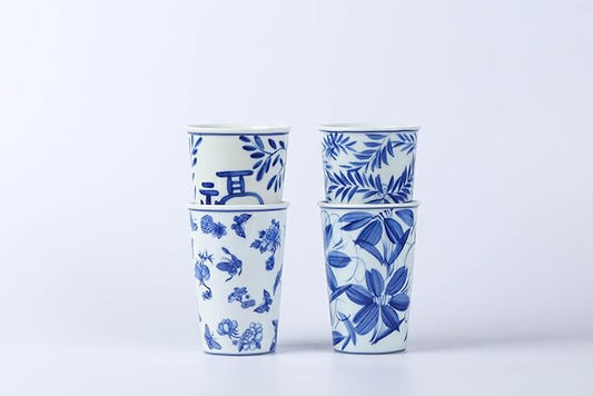 14 oz ceramics Handmade blue and white Retro Coke cups coffee tea set of 4 china Coffee Mugs for Tea, Milk,Dishwasher and Microwave Safe，Free gift soft silicone cover and gift box