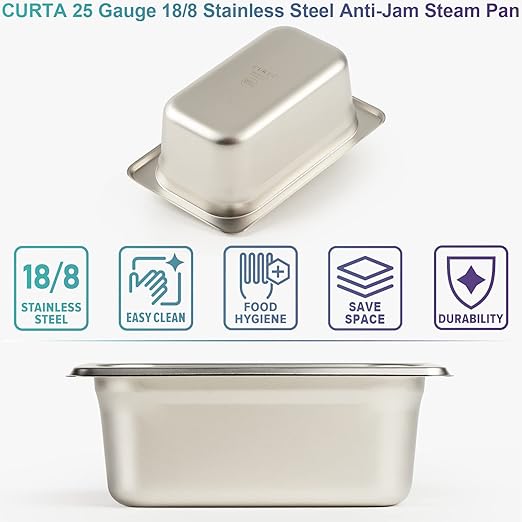 CURTA 6 Pack Anti-Jam Hotel Pans, 1/9 Size 2 1/2 Inch Deep, NSF Commercial 18/8 Stainless Steel Chafing Steam Table Pan, Catering Storage Metal Food Pan